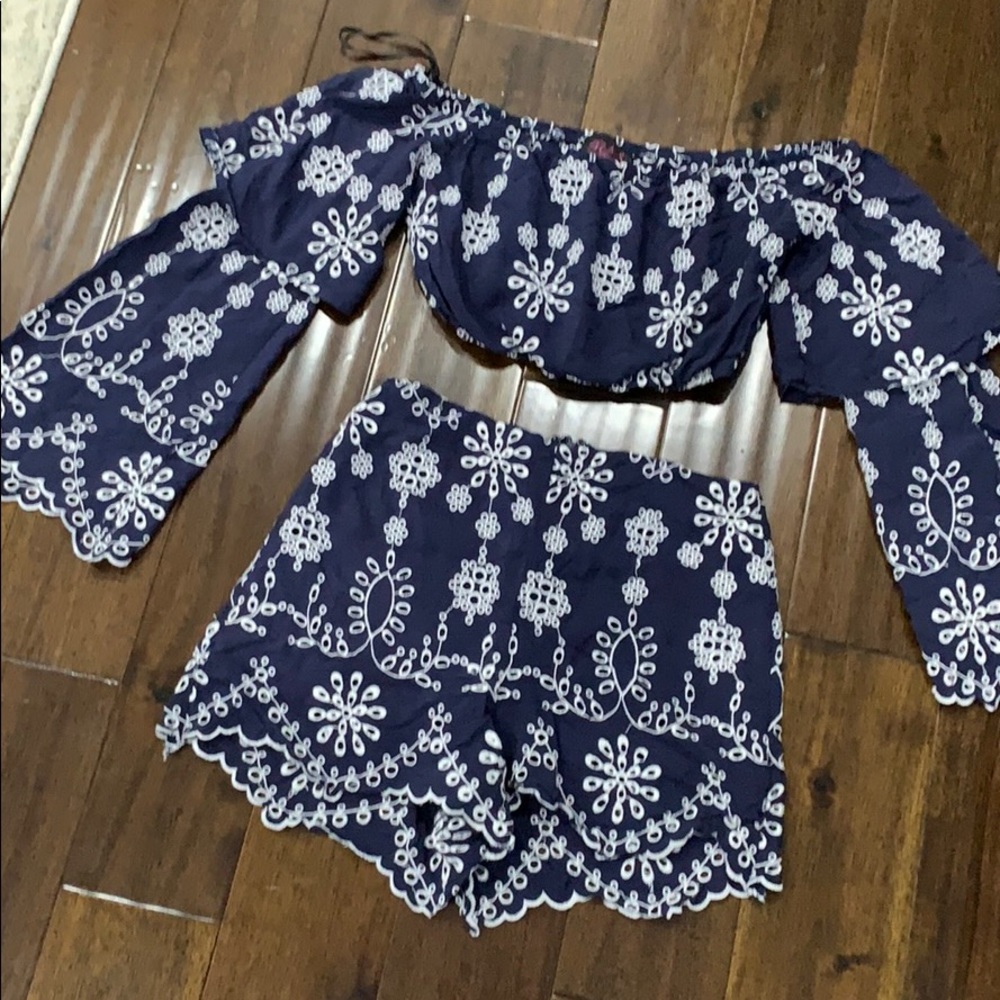 Embroidered Navy & White off shoulder top + shorts